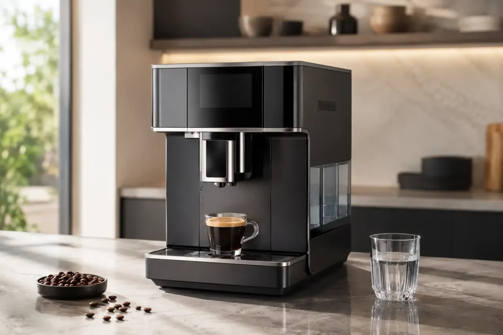 Na zdjęciu widać elegancki automatyczny ekspres premium bez logo, filiżankę espresso, ziarna kawy, tabletki czyszczące bez etykiety i jasny blat kuchenny.