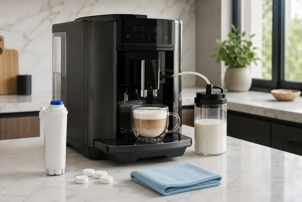 Na zdjęciu widać ekspres automatyczny premium w kuchni, system mleczny, filtr wody, tabletki czyszczące bez etykiety i filiżankę cappuccino.