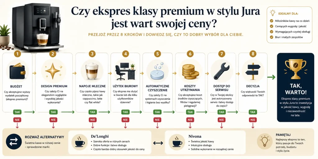wyboru: budżet, design, kawy mleczne, wygoda czyszczenia, biuro, koszty eksploatacji, serwis i alternatywy De’Longhi oraz Nivona