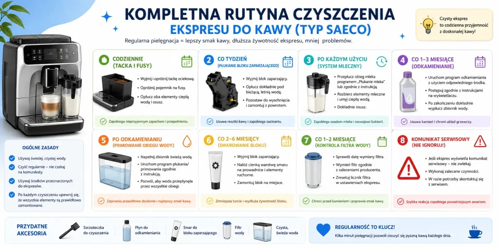 kolejność działań: tacka i fusy, blok zaparzający, obieg mleka, odkamienianie, odpowietrzanie, smarowanie, filtr wody i kontrola błędów.