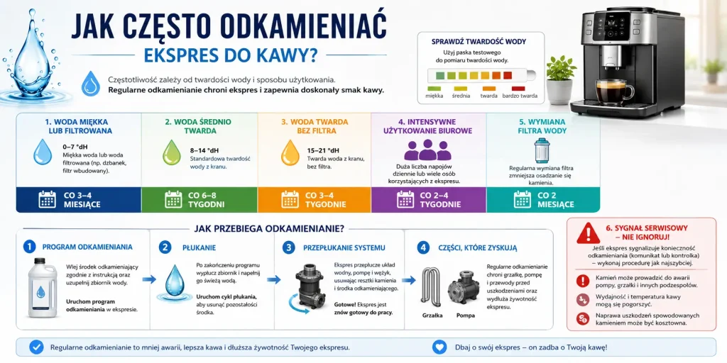 zależność między twardością wody, filtrem, liczbą kaw, komunikatem ekspresu, programem odkamieniania, płukaniem i ochroną pompy oraz grzałki.