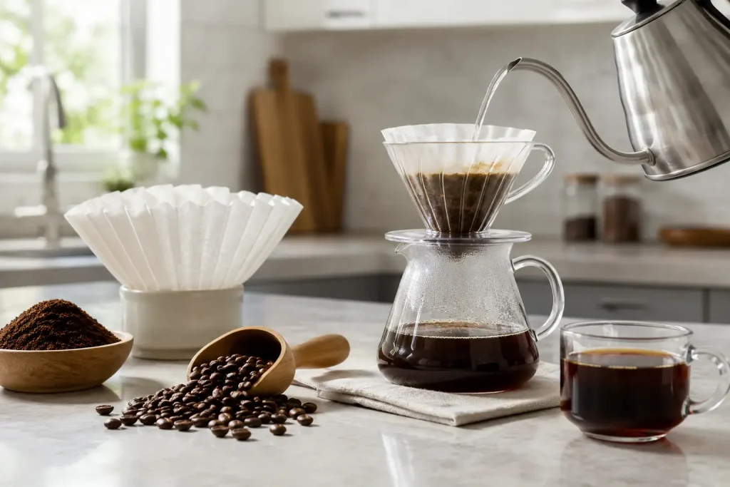 Na zdjęciu widać automatyczny ekspres Melitta-style bez logo, filiżankę espresso, ziarna kawy, filtry papierowe i kawę mieloną.