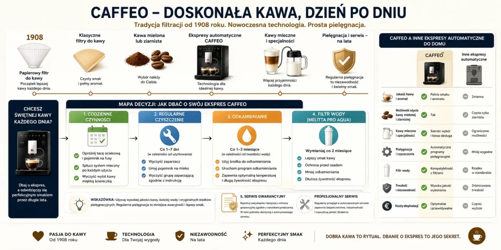 historię marki, filtry papierowe, ekspresy Caffeo, kawy mleczne, serwis gwarancyjny, konserwację, odkamienianie i porównanie z innymi automatami.