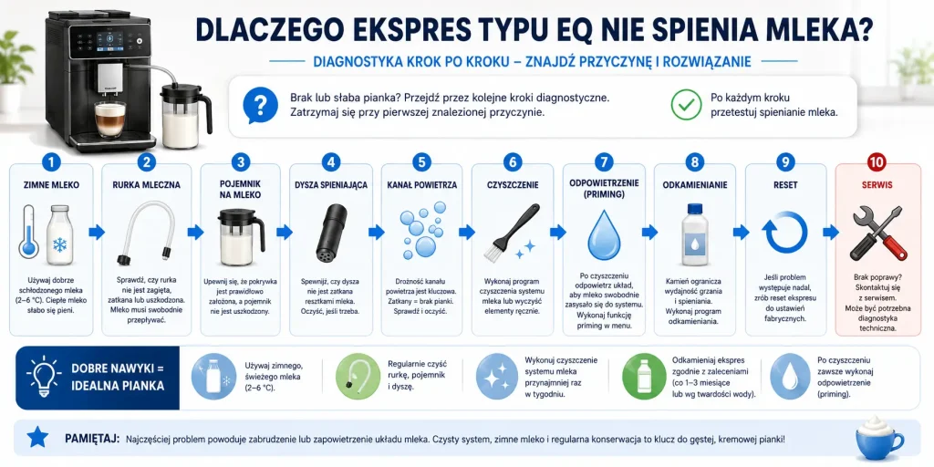 kolejność diagnozy: mleko, rurka, karafka, dysza, kanał powietrza, czyszczenie, odpowietrzanie, odkamienianie, reset i serwis.