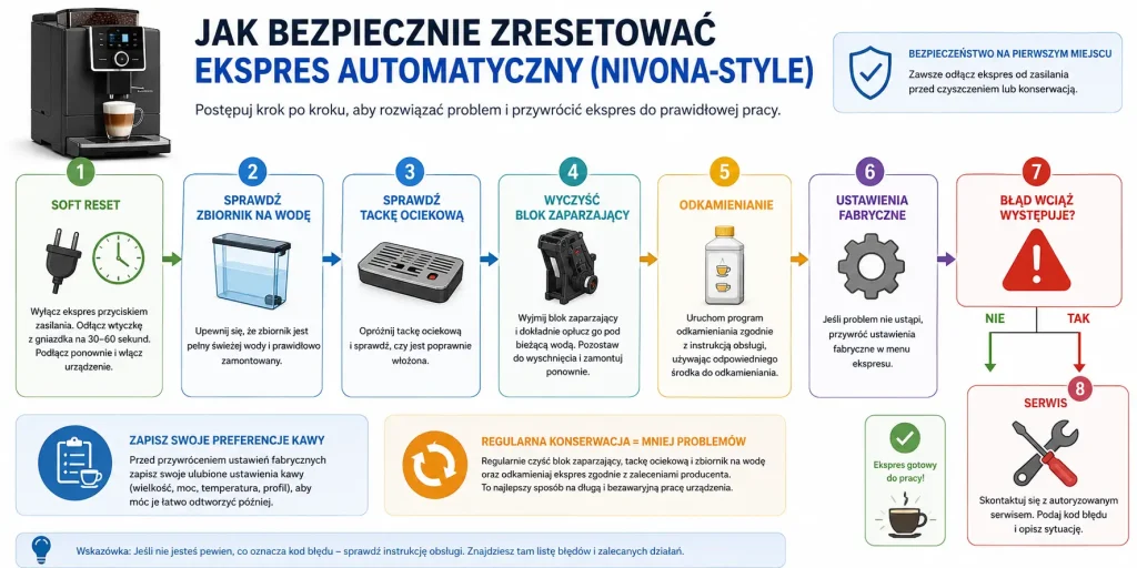 kolejność decyzji: miękki reset, kontrola zbiornika i tacki, czyszczenie bloku, odkamienianie, reset fabryczny, zapis ustawień, powracający błąd i serwis.