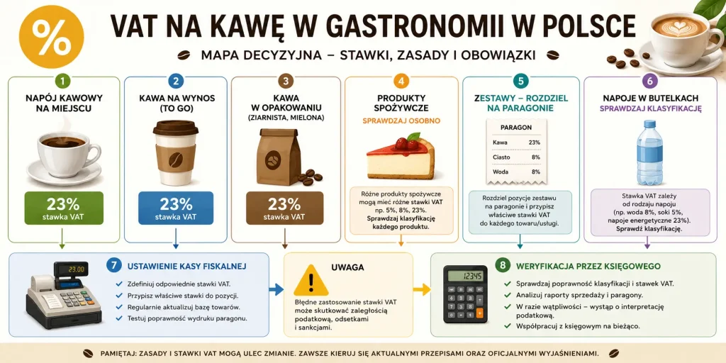 podział na kawę 23%, kawę na wynos 23%, paczki ziaren 23%, jedzenie z osobną klasyfikacją, zestawy, napoje z lodówki, kasę fiskalną i kontrolę księgową.