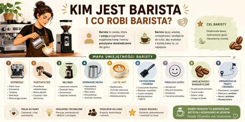 ścieżkę kompetencji: espresso, młynek, mleko, latte art, czyszczenie sprzętu, obsługa klienta, sensoryka, organizacja pracy i rozwój zawodowy.