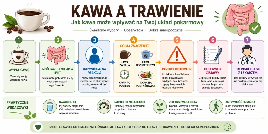 ścieżkę od wypicia kawy przez możliwe pobudzenie jelit, wpływ pory dnia, kawę na czczo, kawę po posiłku, decaf, objawy alarmowe i decyzję o ograniczeniu lub konsultacji.