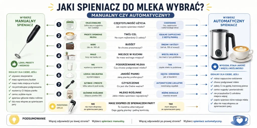 ścieżkę decyzji: jak często pijesz kawy mleczne, czy chcesz podgrzewanie, ile masz miejsca, jaki masz budżet, jakiej pianki oczekujesz i jak łatwo chcesz czyścić sprzęt.