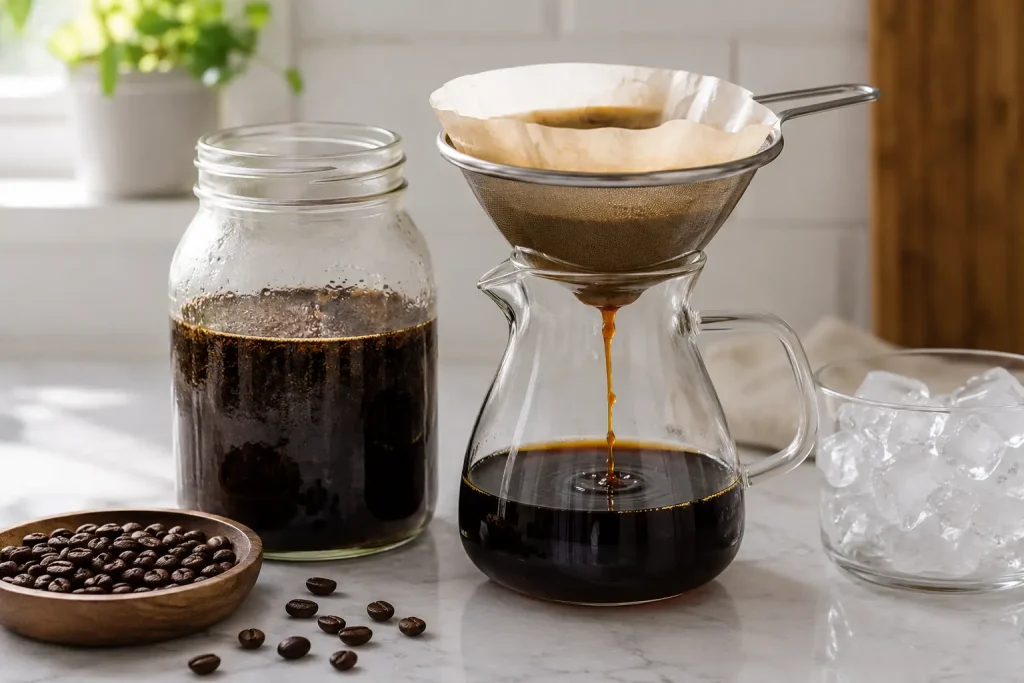 Odmierzanie kawy, zimnej wody i przygotowanie cold brew w szklanym naczyniu.