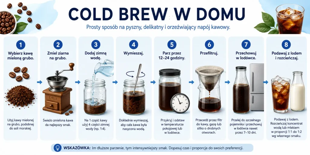 drogę od wyboru kawy i grubego mielenia przez proporcje, zalanie zimną wodą, parzenie 12–24 godziny, filtrację, przechowywanie i podanie z lodem, mlekiem albo jako koncentrat.