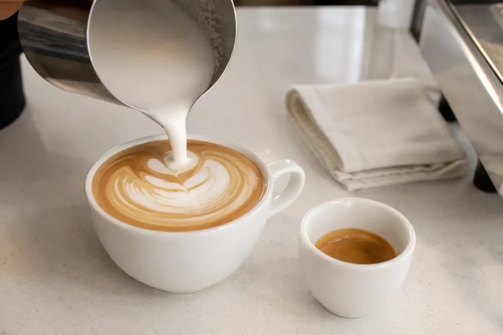 Różne dzióbki dzbanków do mleka i filiżanka latte.