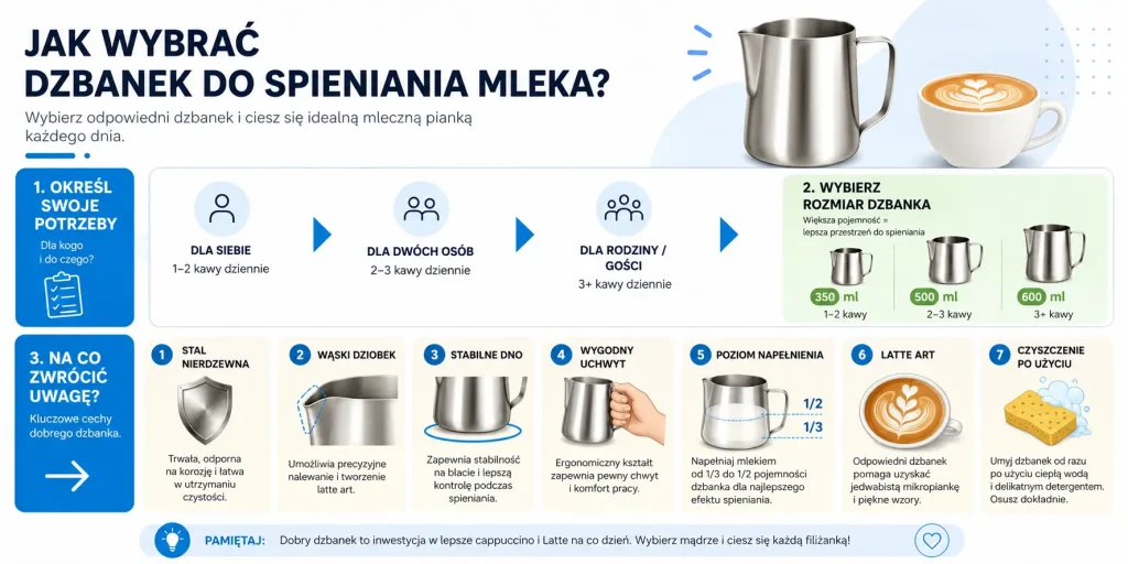 ścieżkę decyzji: materiał, pojemność, dzióbek, uchwyt, dno, rodzaj kaw mlecznych, nauka latte art i łatwość czyszczenia.