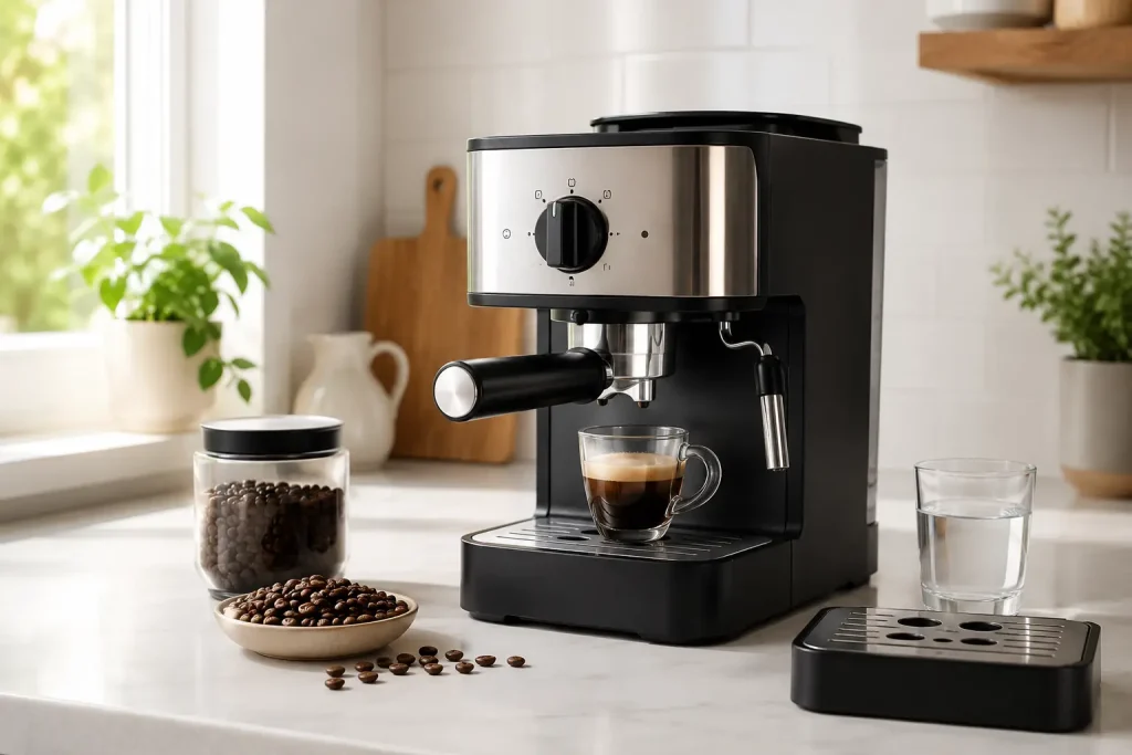 Ekspres De’Longhi w domowej kuchni, filiżanka espresso i podstawowe akcesoria.