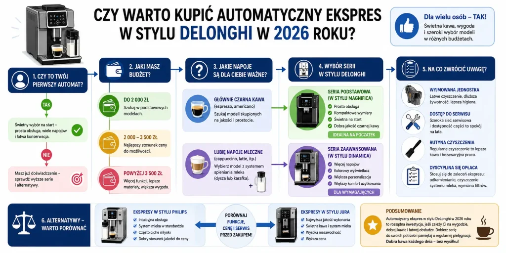  ścieżkę decyzji: budżet, liczba kaw dziennie, kawy czarne, kawy mleczne, ręczna dysza, system mleczny, wyjmowany zaparzacz, konserwacja, serwis i alternatywy Philips/Jura.