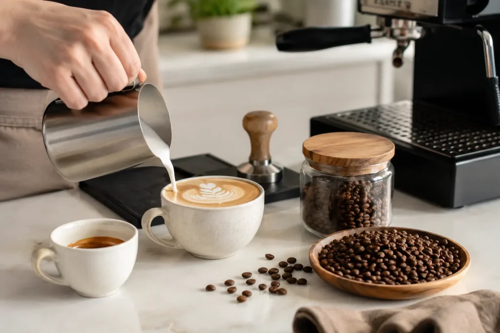 Cappuccino, latte i flat white pokazane w różnych filiżankach.
