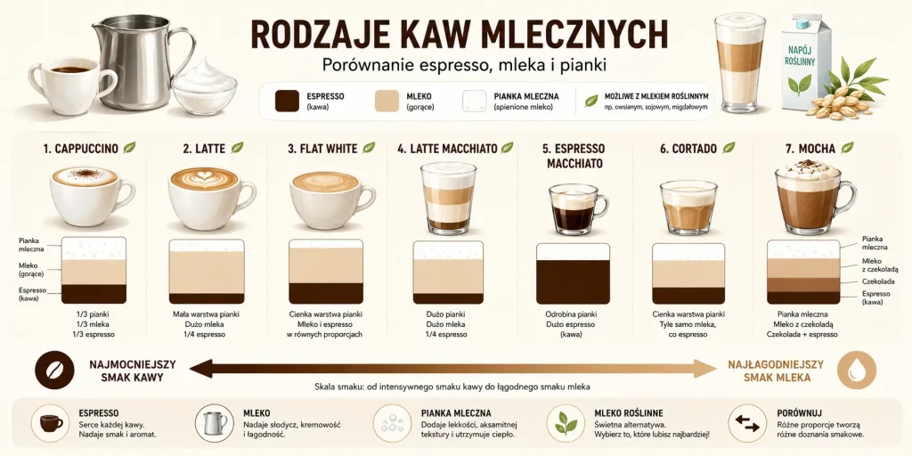 podział napojów według proporcji espresso, mleka i pianki: espresso macchiato, cortado, flat white, cappuccino, latte, latte macchiato i mocha, z oznaczeniem intensywności smaku oraz najlepszym wyborem dla początkujących.
