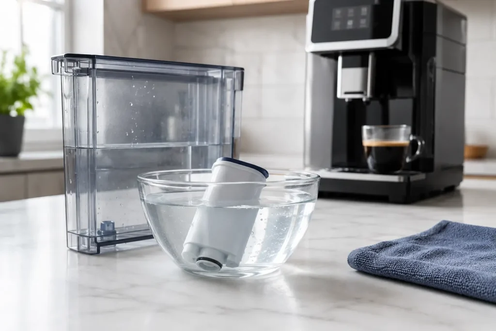 Filtr AquaClean, zbiornik wody i przygotowanie wkładu przed montażem.
