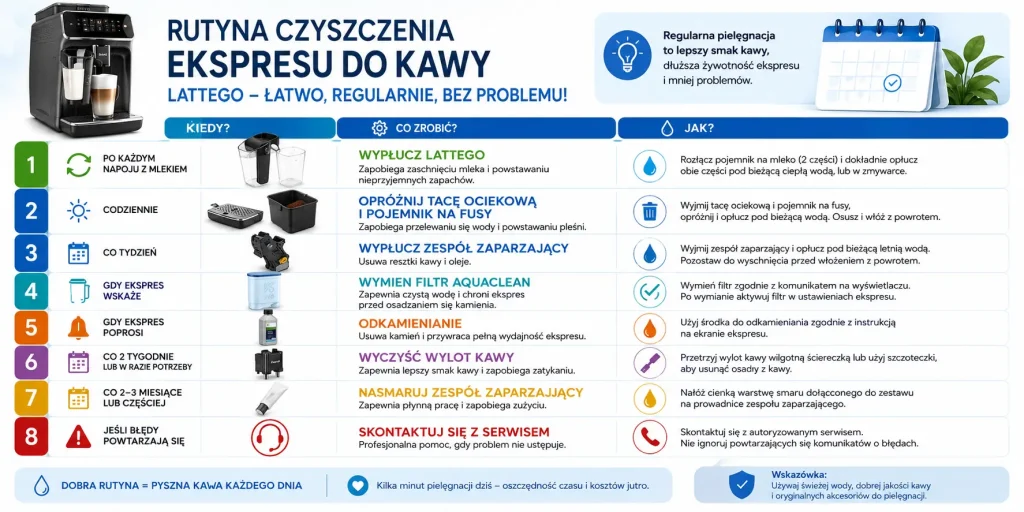 harmonogram: po każdej kawie mlecznej LatteGo, codziennie tacka i fusy, raz w tygodniu blok zaparzający, okresowo filtr AquaClean, odpowietrzanie, odkamienianie i kontrola serwisowa przy powtarzających się błędach.