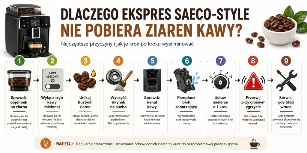 ścieżkę sprawdzania: tryb kawy mielonej, poziom ziaren, oleiste ziarna, tunelowanie, suchy młynek, ciało obce, blok zaparzający, regulacja mielenia, test parzenia i moment kontaktu z serwisem.