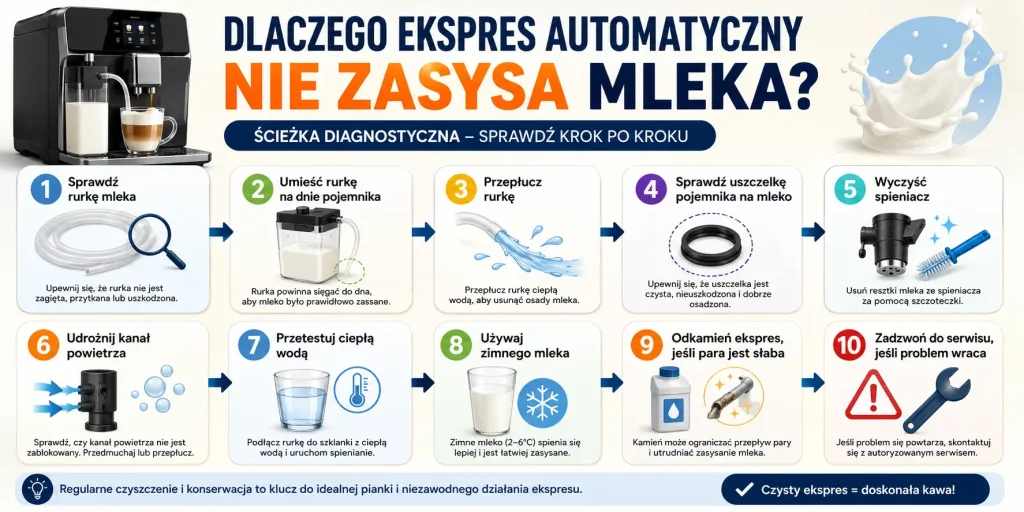 ścieżkę: wężyk, końcówka w mleku, karafka, uszczelka, spieniacz, kanał powietrza, test z wodą, mleko, para, odkamienianie i moment kontaktu z serwisem.
