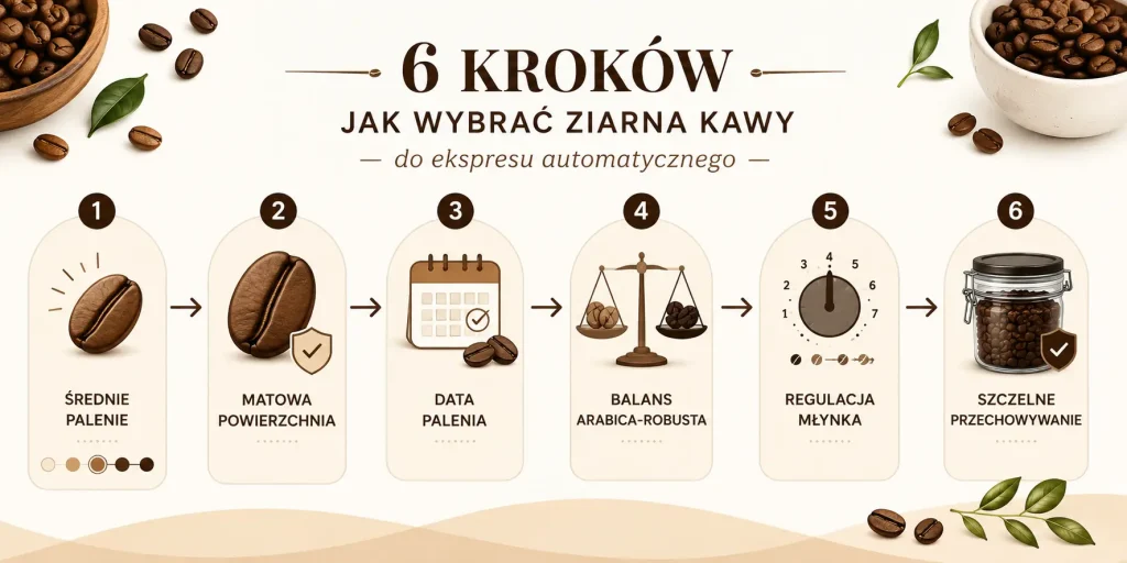 schemat wyboru ziaren do ekspresu automatycznego: średnie palenie, matowa powierzchnia, świeżość, skład arabica/robusta, ustawienie młynka, przechowywanie
