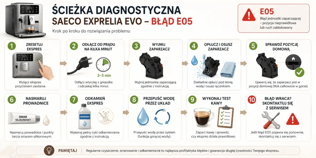  ścieżkę od restartu, przez wyjęcie i mycie bloku zaparzającego, kontrolę pozycji bazowej, smarowanie, odkamienianie, odpowietrzanie, test parzenia i decyzję o serwisie, gdy błąd wraca.