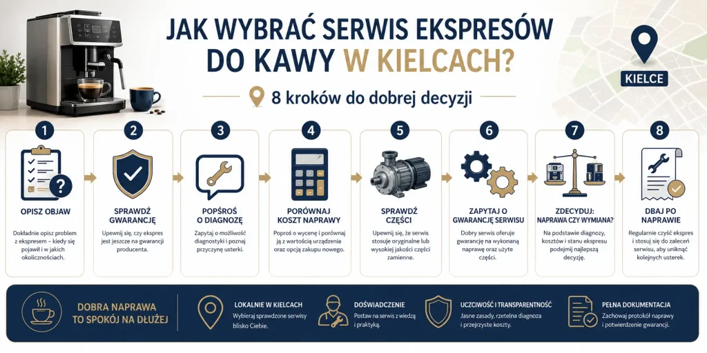 ścieżkę od objawu, przez domową diagnostykę, diagnozę serwisu, wycenę, porównanie z ceną nowego ekspresu, gwarancję, części i decyzję: naprawiać czy kupić nowy.