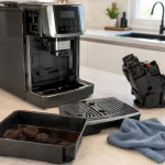 Woda w pojemniku na fusy De’Longhi — mokre fusy, przyczyny i naprawa krok po kroku
