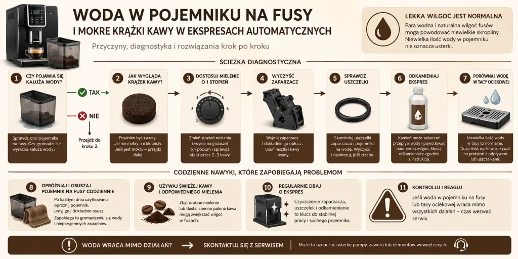 ścieżkę: normalna wilgoć, kałuża w pojemniku, mielenie, blok zaparzający, uszczelki, odkamienianie, test tacki, czyszczenie i decyzja o serwisie.