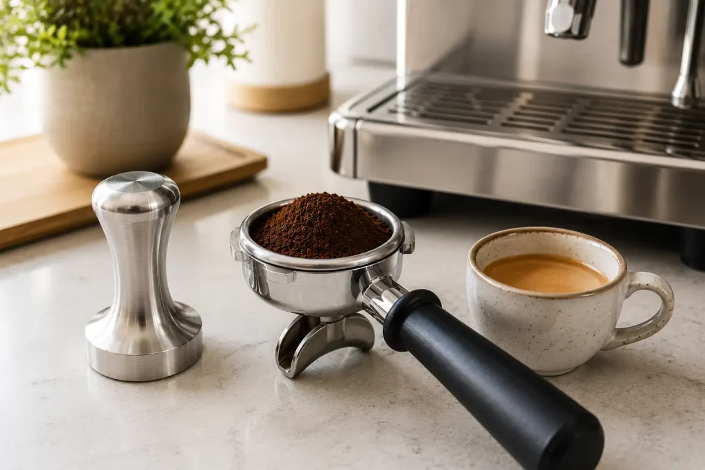 tamper, kolba z sitkiem, zmielona kawa, filiżanka espresso na jasnym tle.