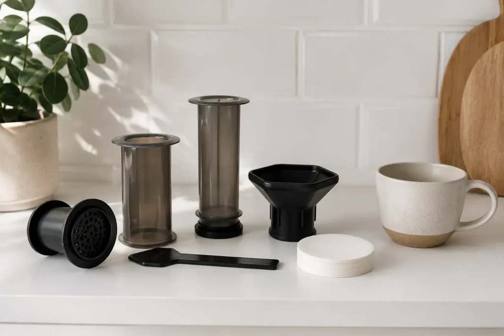 Czysty, złożony AeroPress ustawiony obok filtrów papierowych i filiżanki na jasnej półce kuchennej.