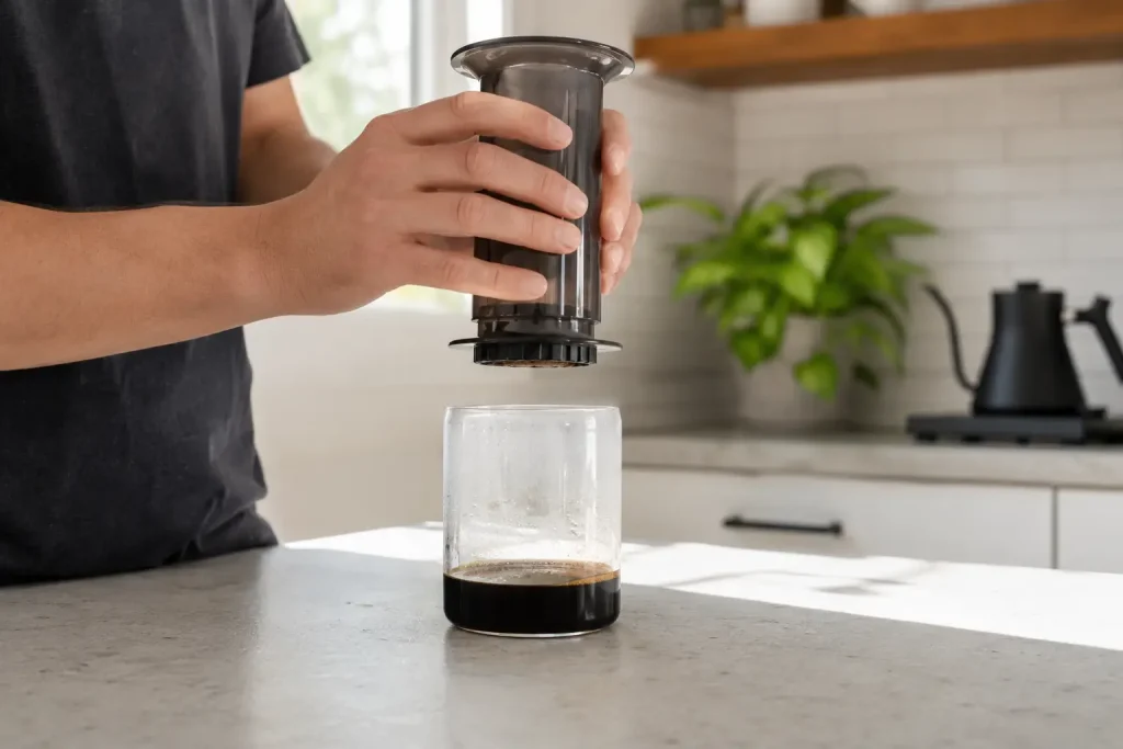 Dłonie trzymające AeroPress w trakcie odwracania urządzenia nad blatem kuchennym, w jasnym, naturalnym świetle.
