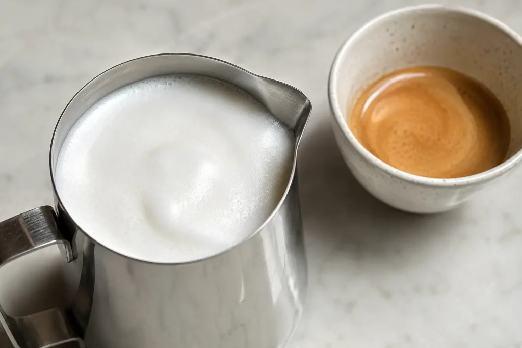 dzbanek ze spienionym mlekiem, gładka kremowa pianka, filiżanka espresso obok
