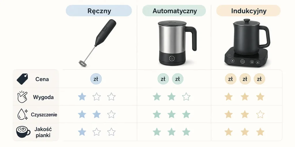 porównanie spieniaczy ręcznych, automatycznych i indukcyjnych według ceny, wygody, czyszczenia i jakości pianki