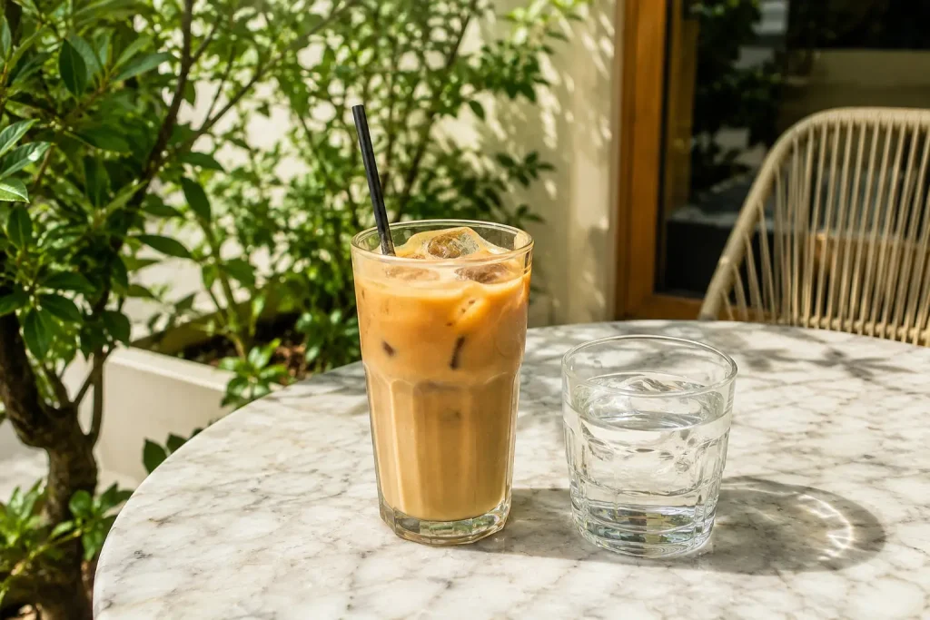 szklanka wody podana obok espresso na jasnym stoliku