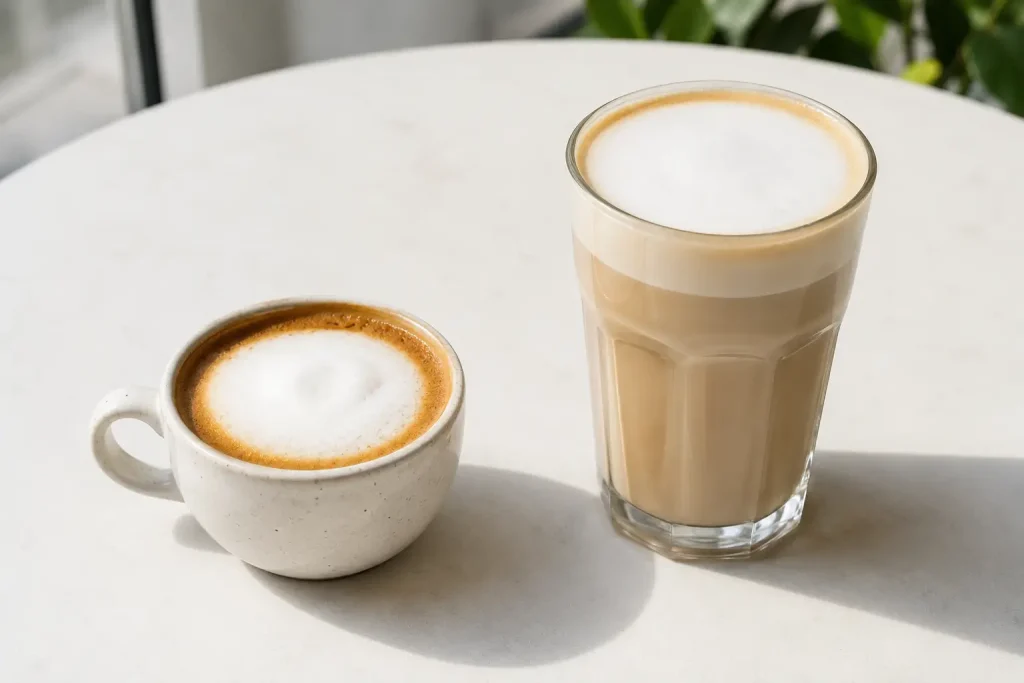cappuccino i latte ustawione obok siebie na jasnym stole