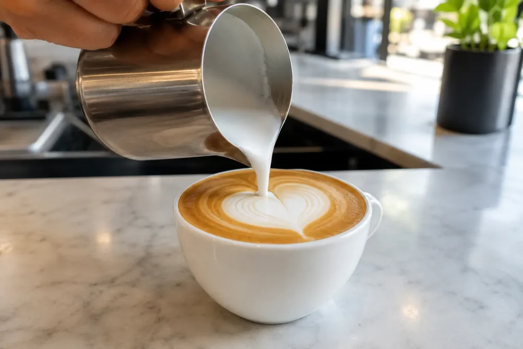 nalewanie mikropianki do filiżanki cappuccino