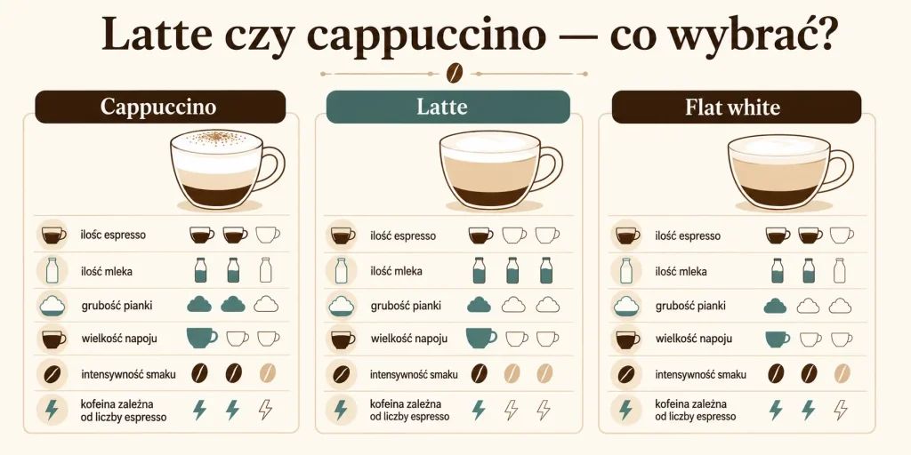 intensywność espresso, ilość mleka, grubość pianki, wielkość napoju, kofeina i preferowany smak