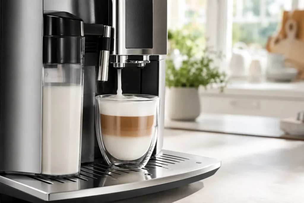 Cappuccino przygotowane przez automatyczny ekspres premium z gładką, równą pianką
