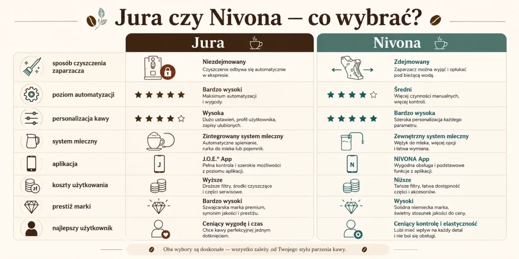 Porównanie Jury i Nivony według ceny, sposobu czyszczenia, aplikacji, personalizacji kawy, systemu mlecznego, serwisu i rodzaju użytkownika