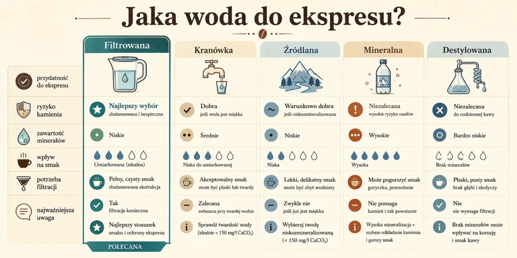 Porównanie wody filtrowanej, kranowej, źródlanej, mineralnej i destylowanej pod względem smaku kawy, ryzyka kamienia, mineralizacji oraz przydatności do ekspresu