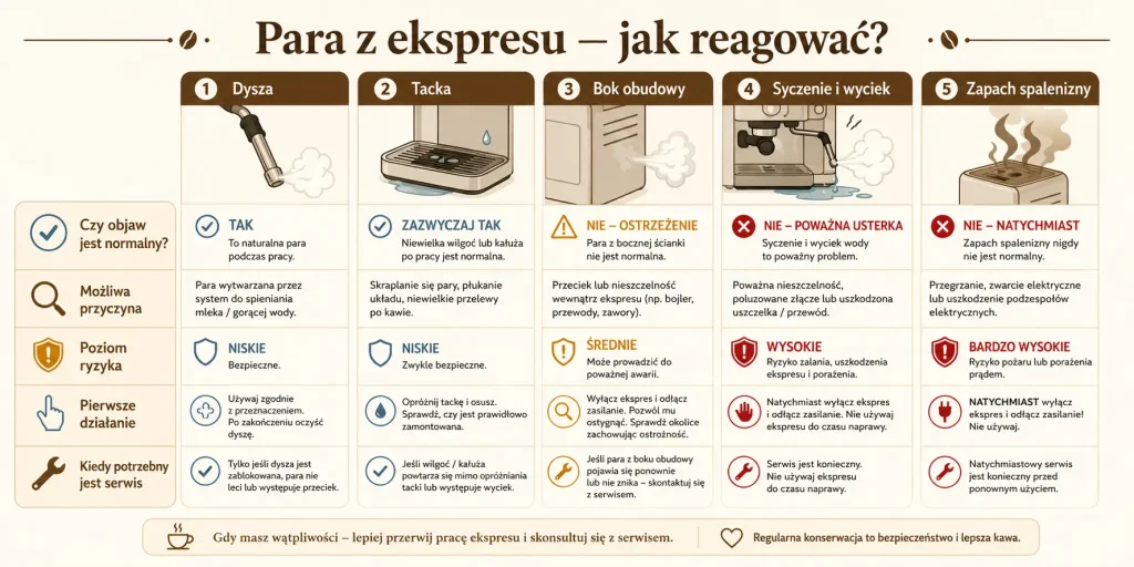 Ocena pary z ekspresu według miejsca pojawienia się, czasu trwania, obecności syczenia, wycieku, zapachu spalenizny i zalecanego działania