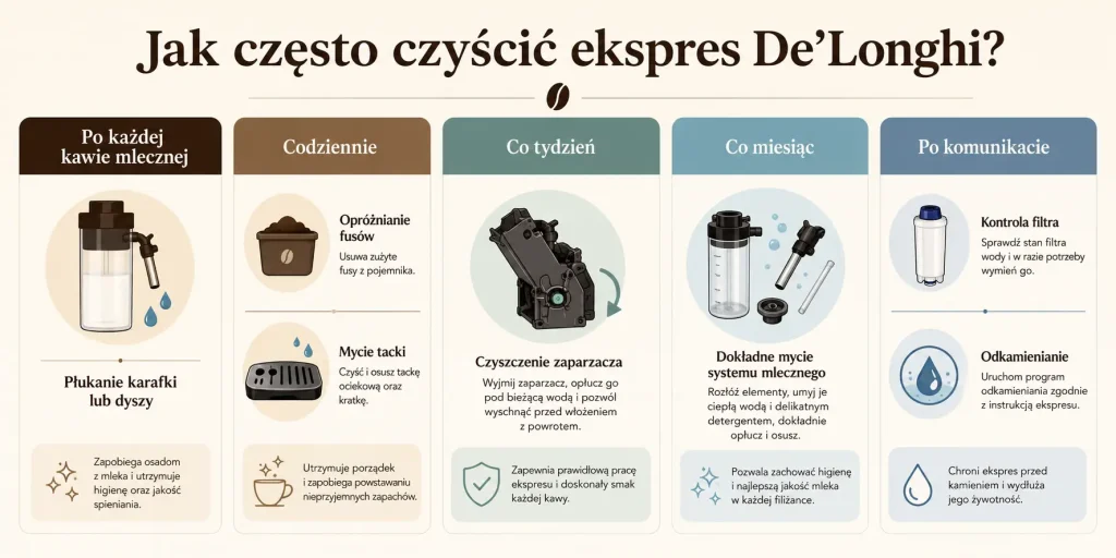 Harmonogram czyszczenia ekspresu De’Longhi obejmujący czynności po każdej kawie mlecznej, codziennie, co tydzień, co miesiąc oraz po komunikacie urządzenia