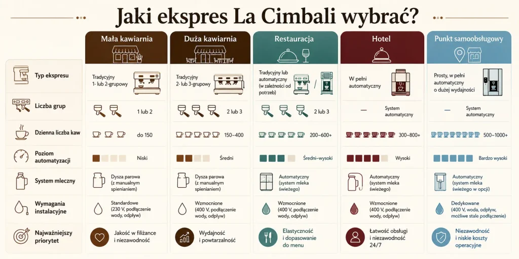 Dobór ekspresu La Cimbali według rodzaju lokalu, dziennej liczby kaw, kompetencji personelu, liczby grup, systemu mlecznego i wymagań instalacyjnych