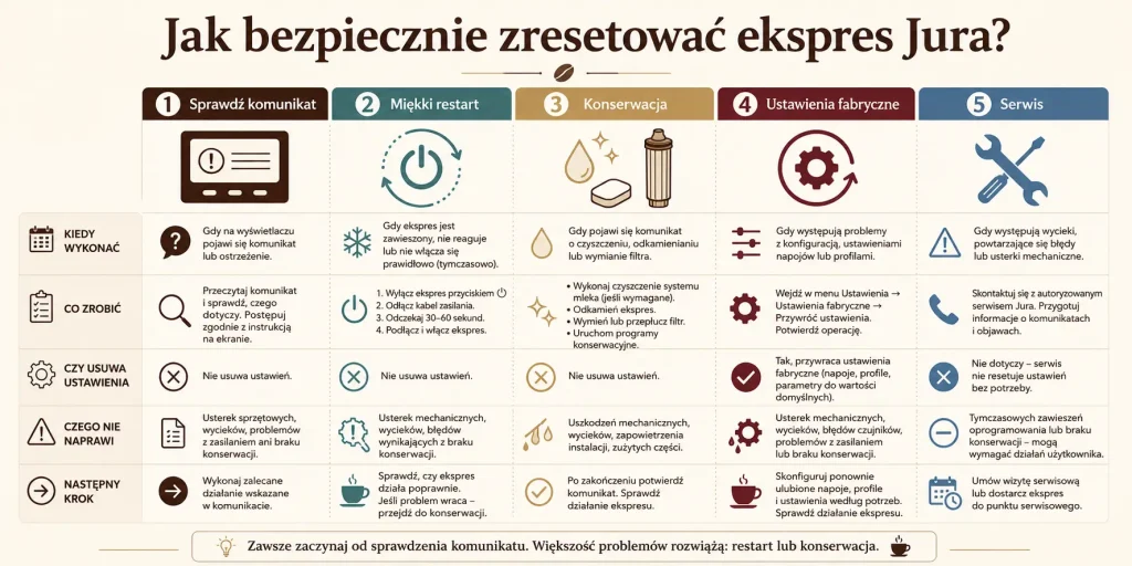 Schemat decyzji od miękkiego restartu przez sprawdzenie komunikatu i konserwację po ustawienia fabryczne oraz kontakt z serwisem