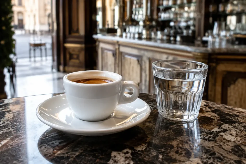 Włoskie espresso podane przy barze obok filiżanki i szklanki wody