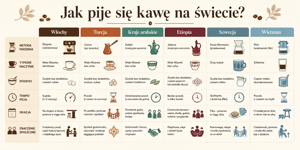 Porównanie Włoch, Turcji, krajów arabskich, Etiopii, Szwecji i Wietnamu według metody parzenia, naczynia, dodatków, tempa picia oraz znaczenia społecznego