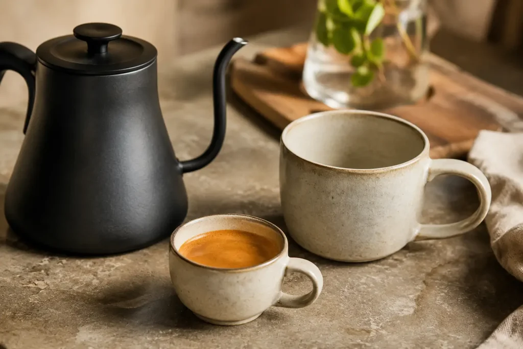 filiżanka espresso z widoczną cremą, obok czajnik i druga, większa filiżanka na americano