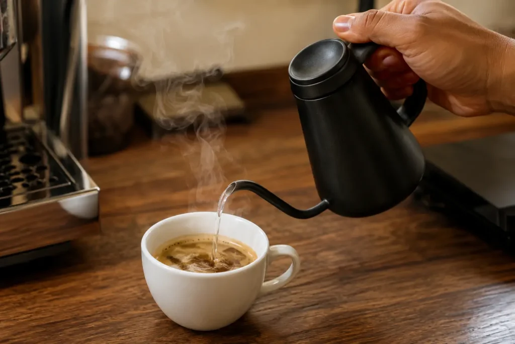 dłoń dolewająca gorącą wodę do filiżanki z espresso, para unosząca się nad naczyniem